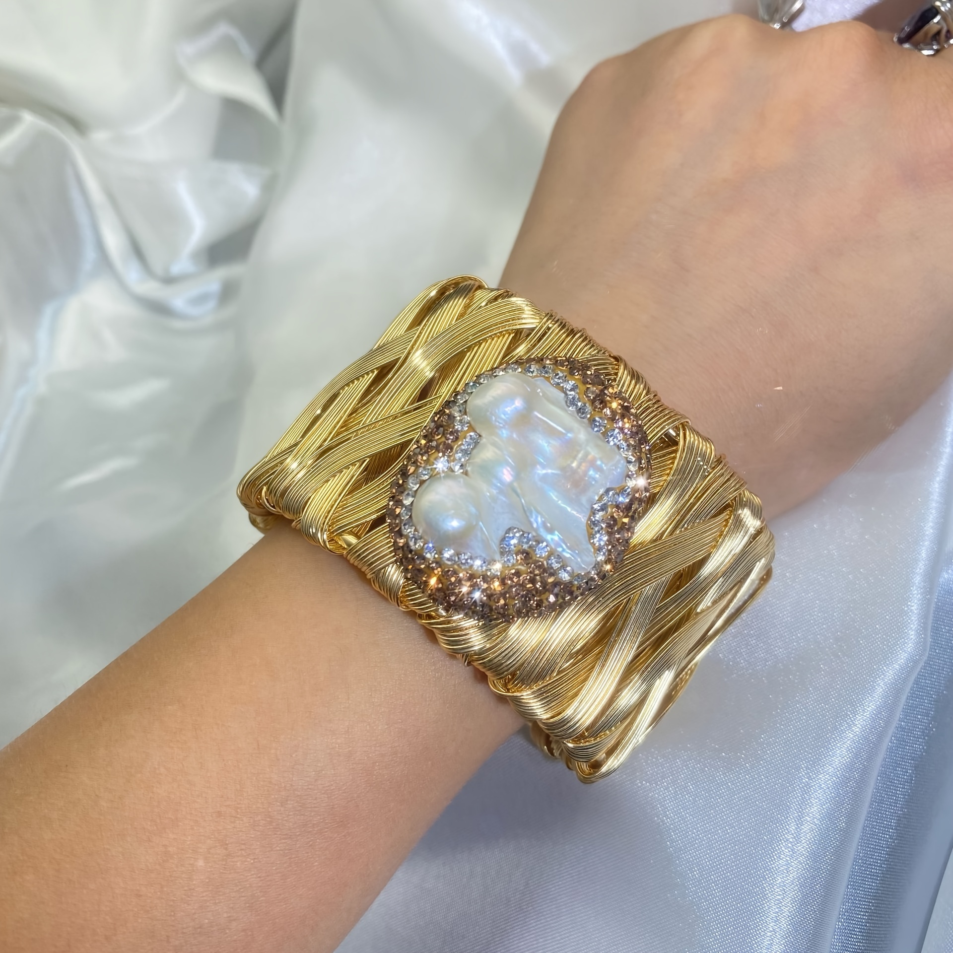Baroque Pearl Cuff Bracelet with Rhinestone Accents